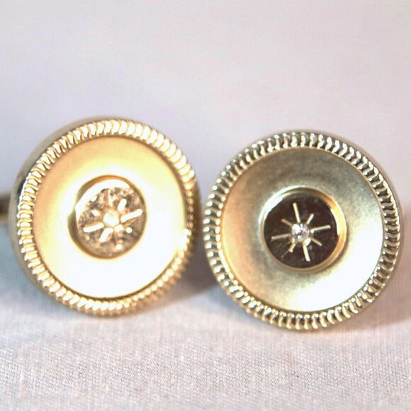 Vintage USA Cuff Links Gold Tone Atomic Burst Tiny Clear Rhinestone - Picture 1 of 6